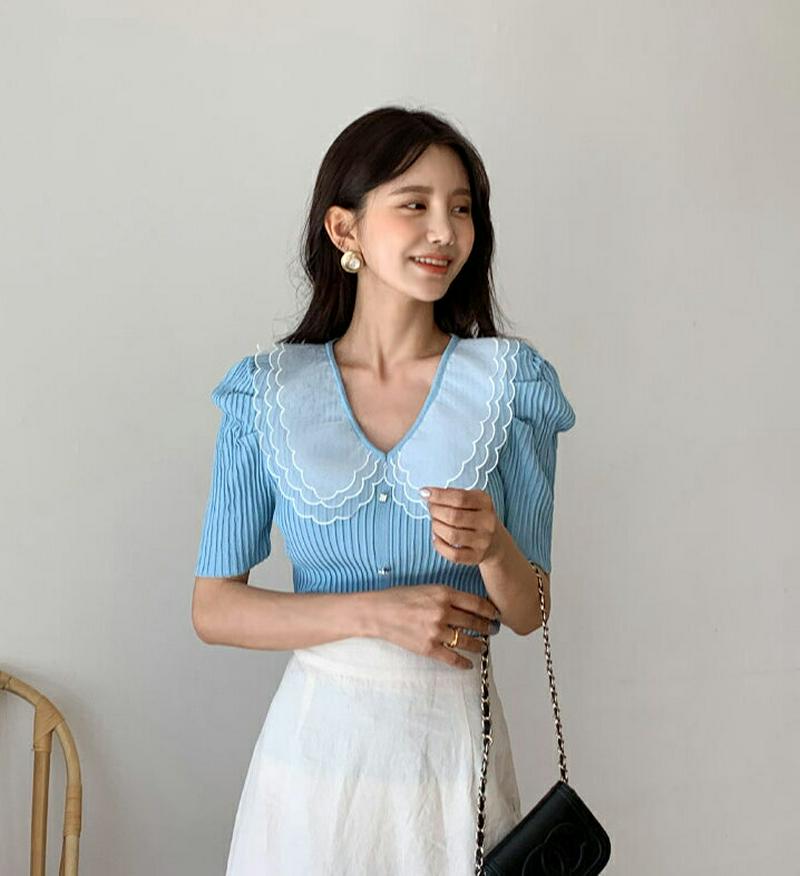 スカラップカラーパフニット・全3色・b59695 レディース【tops】【トップス ニット ニットトップス 半袖 ハーフスリーブ