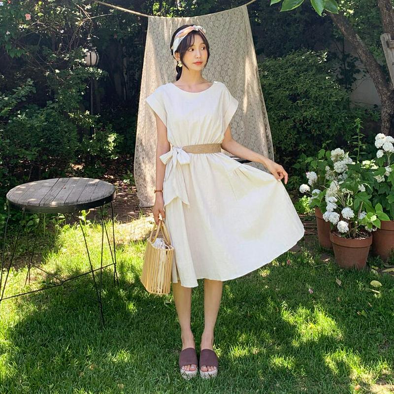 ベルト付リネン混ワンピース・全2色・b59704 レディース【ops】【ワンピース ミディ丈 ミディワンピース リネン キャップ