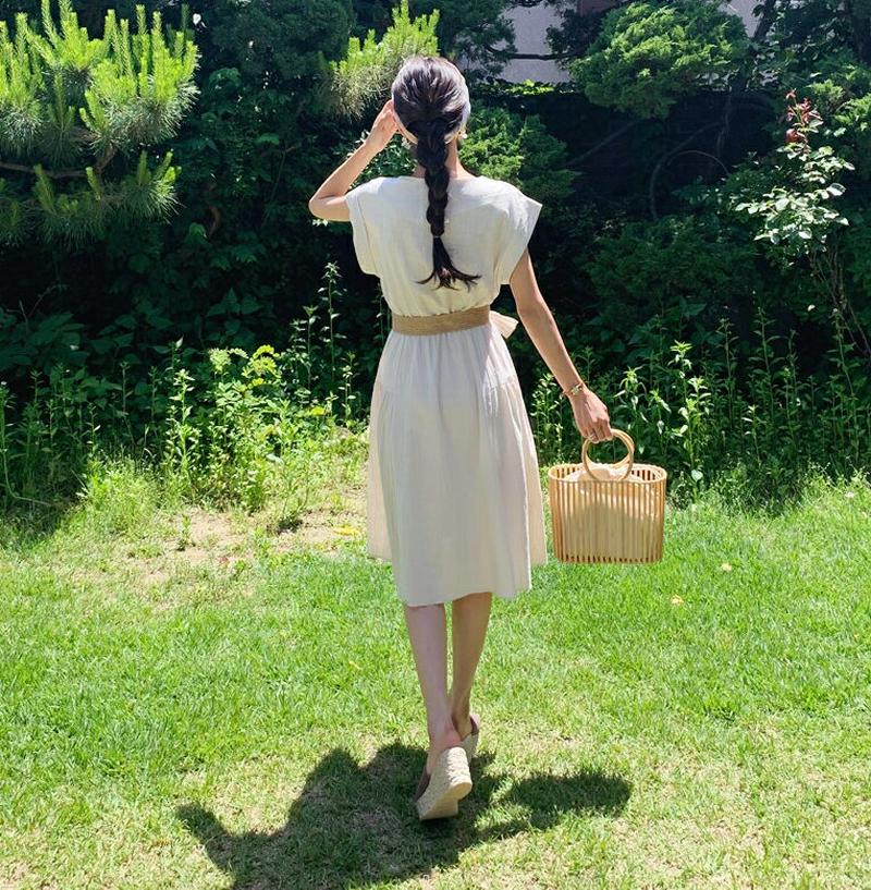 ベルト付リネン混ワンピース・全2色・b59704 レディース【ops】【ワンピース ミディ丈 ミディワンピース リネン キャップ