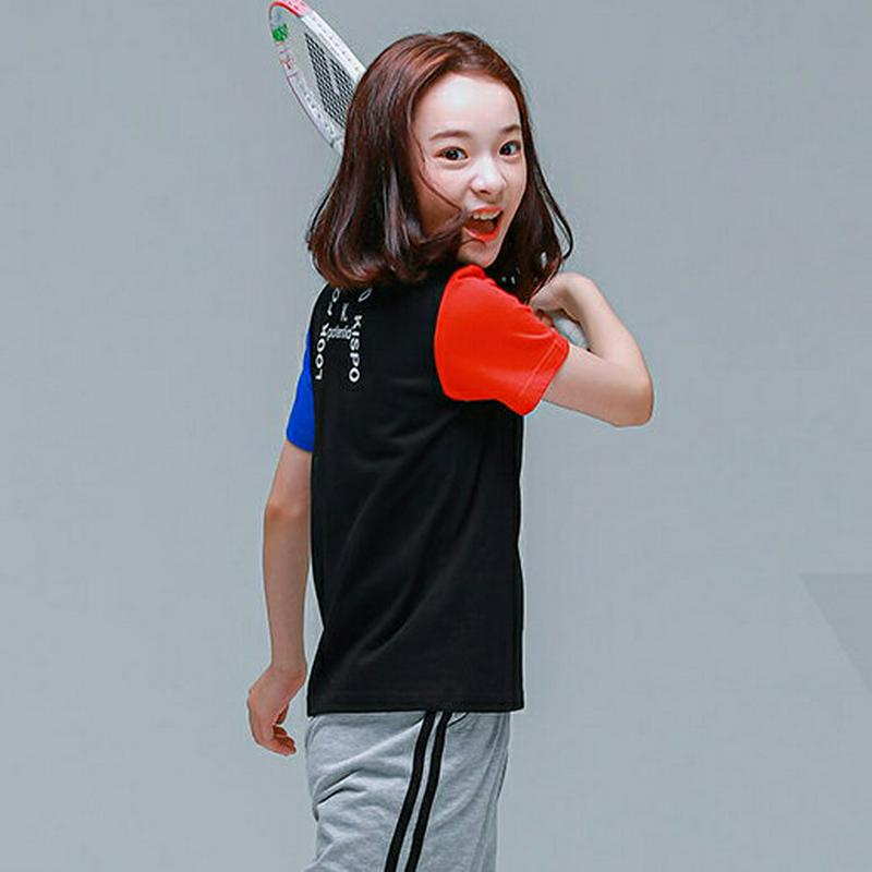 配色スリーブロゴシャツ(ブラック)・p001870 キッズ【9~17才】【tops】【トップス Tシャツ 半袖 配色 カジュアル