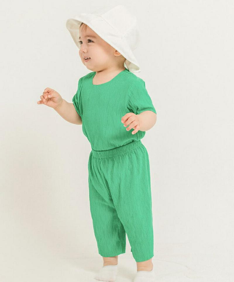 プリーツ上下SET(グリーン)・p002835 キッズ【0~2才】【set】【セットアップ トップス Tシャツ 半袖 ハーフスリーブ パンツ ズボン 単色 無地 シンプル カジュアル プリーツ 女の子 男の子 子供 こども 子供服 こども服】【KIDS】