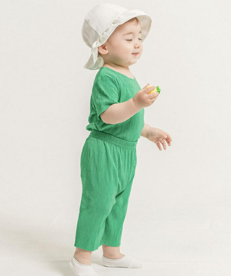 プリーツ上下SET(グリーン)・p002835 キッズ【0~2才】【set】【セットアップ トップス Tシャツ 半袖 ハーフスリーブ パンツ ズボン 単色 無地 シンプル カジュアル プリーツ 女の子 男の子 子供 こども 子供服 こども服】【KIDS】