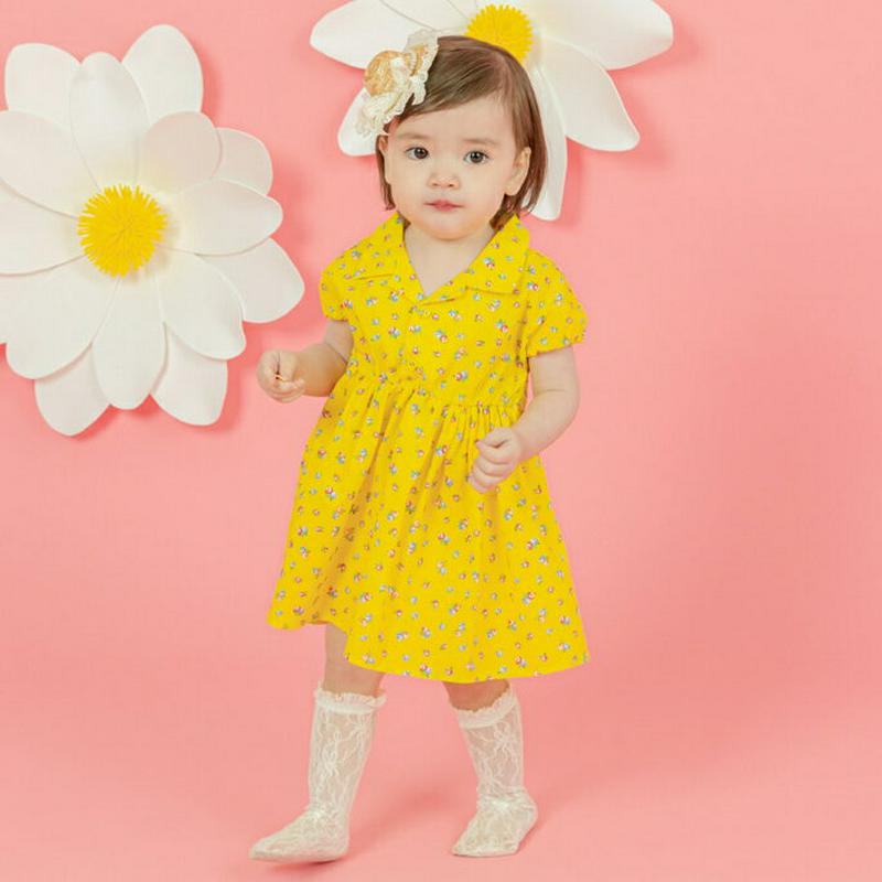 オープンカラー花柄ワンピース(イエロー)・p002391 キッズ【0~2才】【ops】【ワンピース 半袖 花柄 フラワー 可愛い かわいい ガーリー ミディ丈 ミディワンピース 女の子 子供 こども 子供服 こども服】【KIDS】