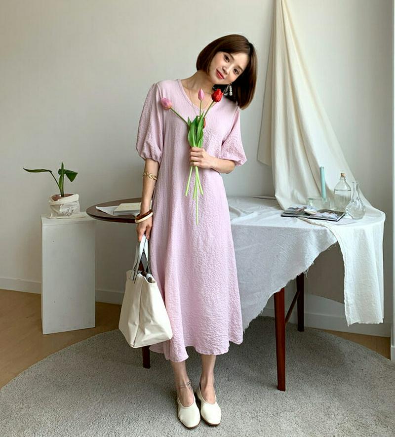 【新作10%OFF】Uネックパフワンピース・全3色・b55768 レディース【ops】【ワンピース ロング ロングワンピース 半