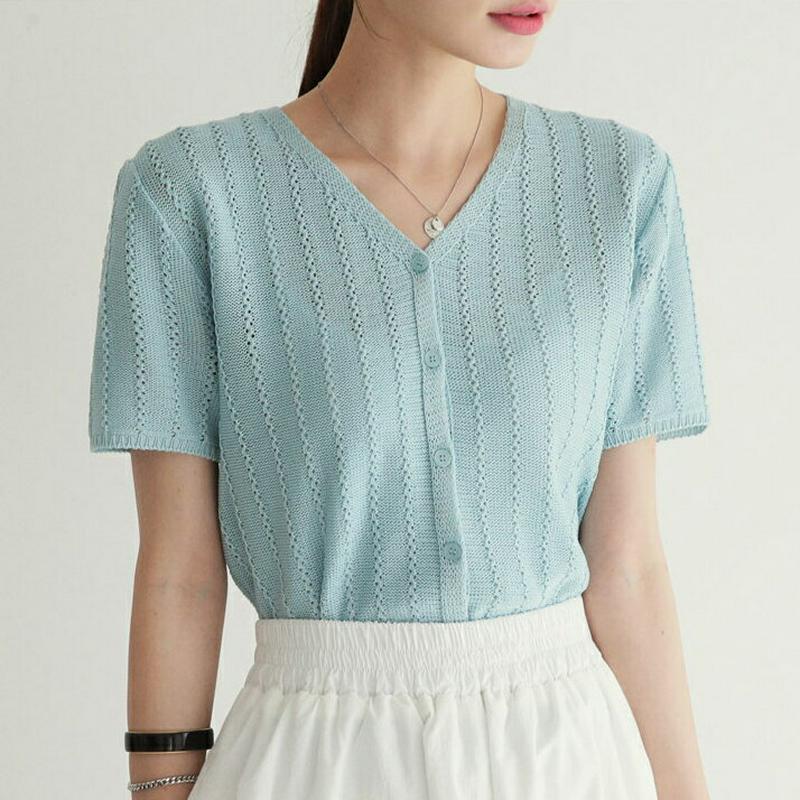 【新作10%OFF】ボタンVネックニット・全6色・t62508 レディース【tops】【トップス ニット ニットトップス 半袖 