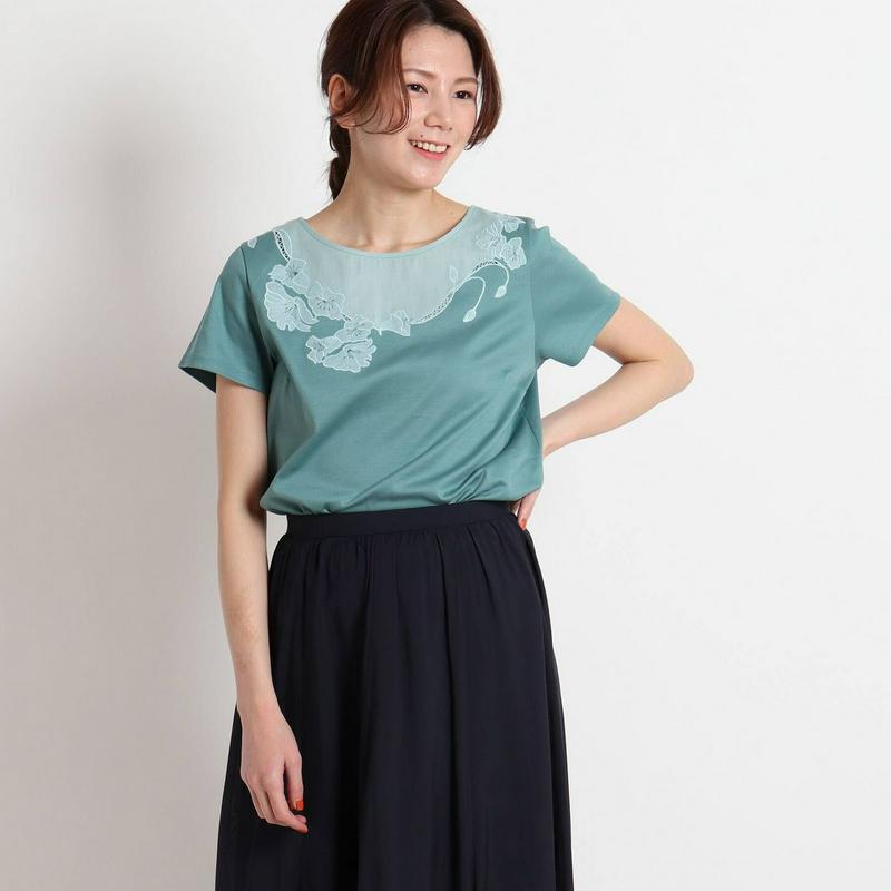 【洗える】ペンシルスムース　刺繍入りＴシャツ