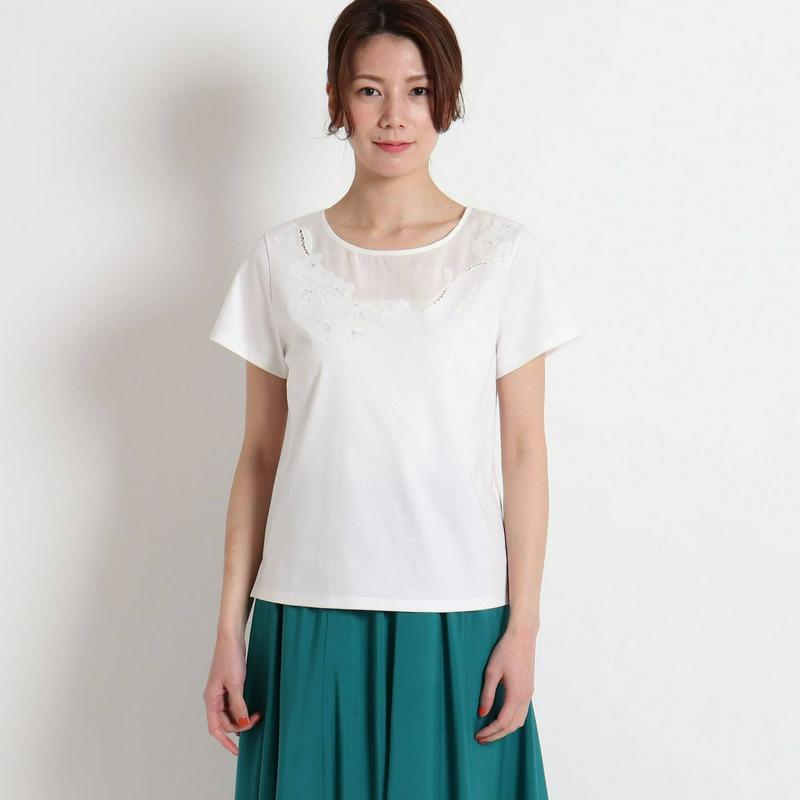 【洗える】ペンシルスムース　刺繍入りＴシャツ