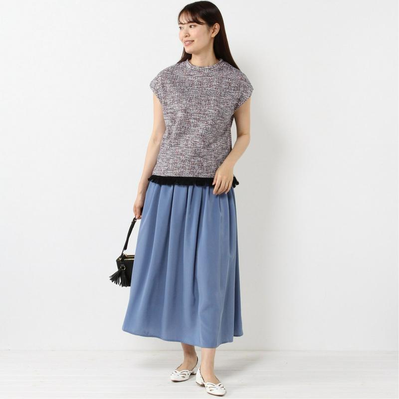 ツイード素材できれいめ見え◎裾フリンジノースリーブカットソー