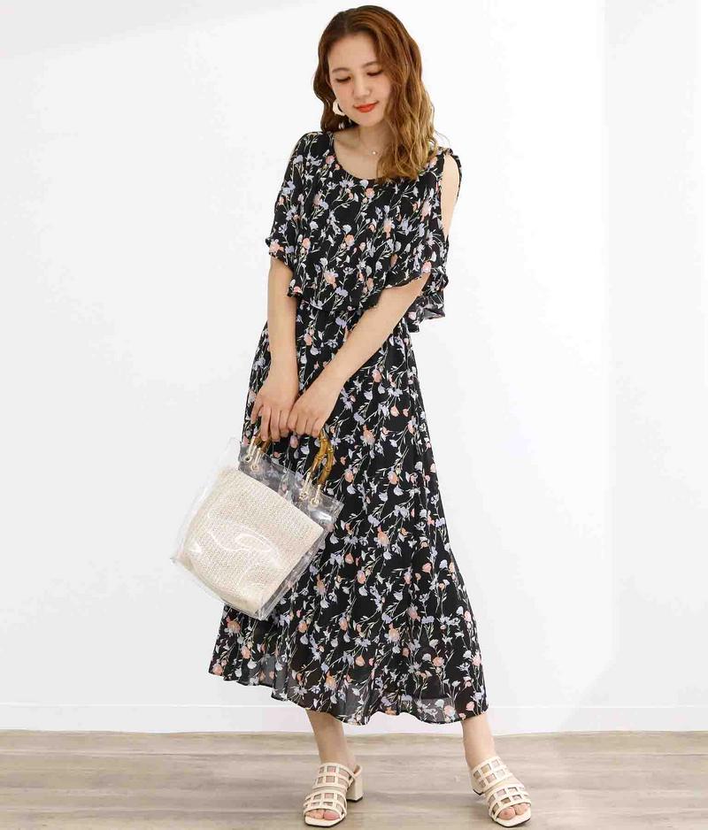 2WAY花柄シフォンマキシワンピース
