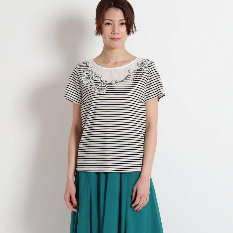 【洗える】ペンシルボーダー　刺繍入りＴシャツ