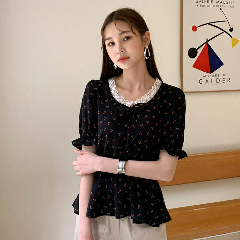 レースネック花柄ブラウス・全2色・b59766 レディース【bl】【トップス　ブラウス 半袖 ハーフスリーブ 花柄 フラワー レ