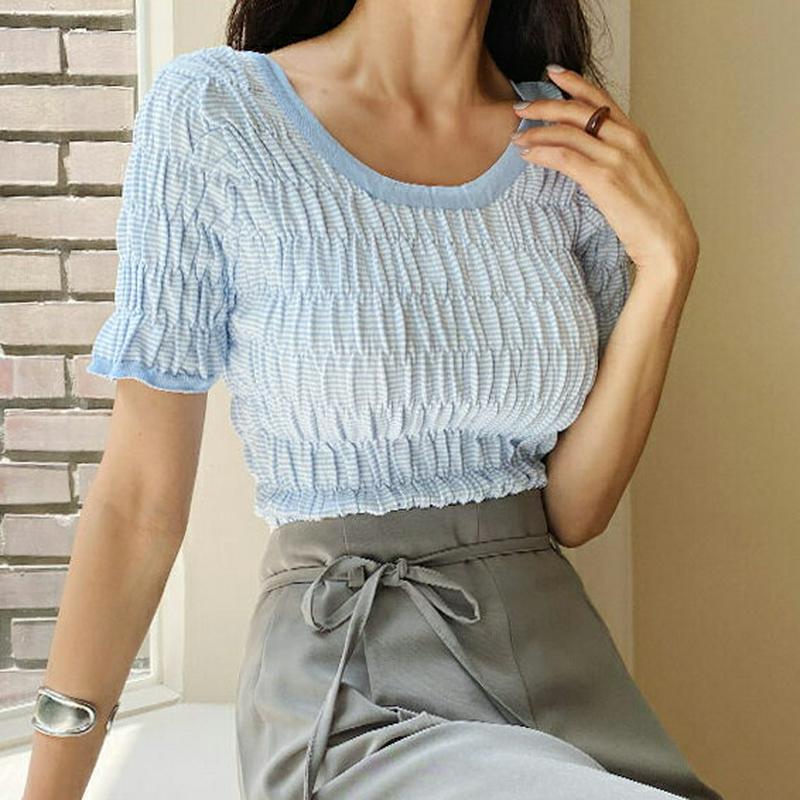 Uネックリンクルボーダーニット・全4色・b59762 レディース【tops】【トップス ニット ニットトップス 半袖　ハーフスリ