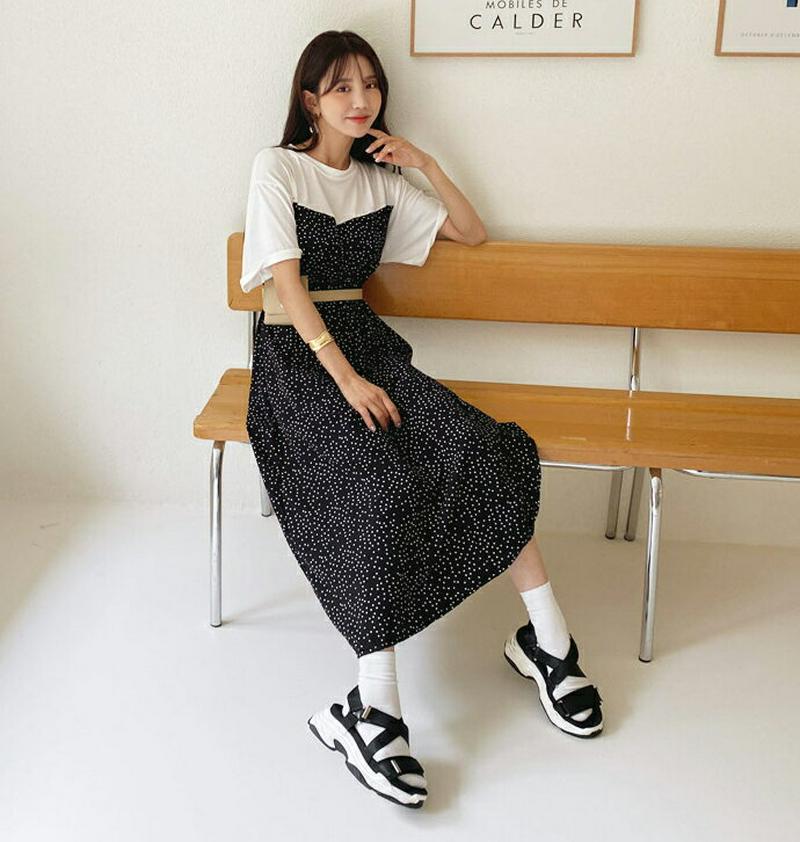 ドットコントラストワンピース・全2色・b59753 レディース【ops】【ワンピース ロング ロングワンピース ドット 柄 半袖