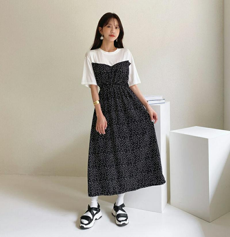 ドットコントラストワンピース・全2色・b59753 レディース【ops】【ワンピース ロング ロングワンピース ドット 柄 半袖