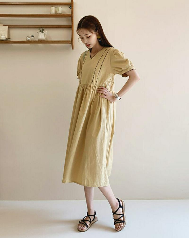 刺繍Vネックワンピース・全3色・b59829 レディース【ops】【ワンピース ミディ丈 ミディワンピース 半袖 ハーフスリーブ