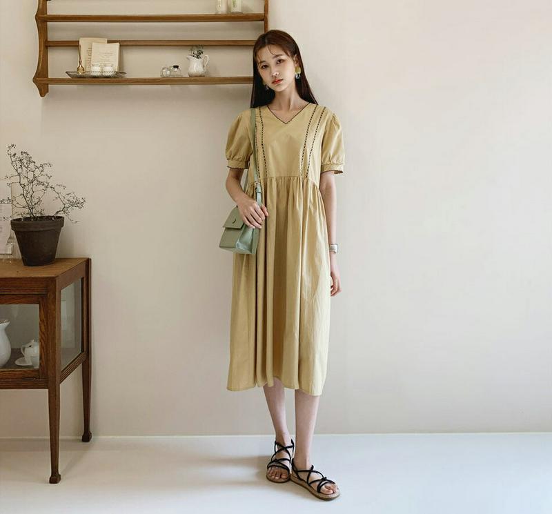 刺繍Vネックワンピース・全3色・b59829 レディース【ops】【ワンピース ミディ丈 ミディワンピース 半袖 ハーフスリーブ