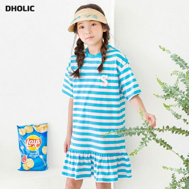 Sロゴフレアヘムボーダーワンピース・p002539 キッズ【3~8才】【ops】【ワンピース ミディ丈 ミディワンピース ボーダ