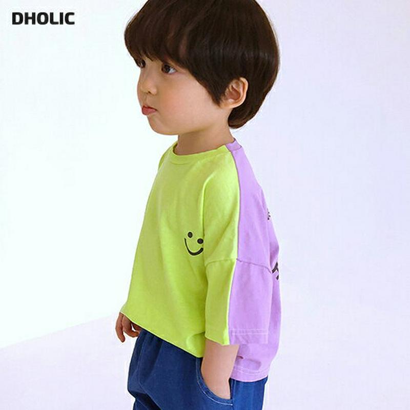 【新作10%OFF】レタリングスマイルバイカラーTシャツ・u02926 キッズ【3~8才】【tops】【トップス 七分丈 七分袖
