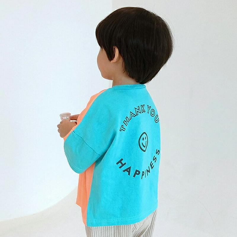 【新作10%OFF】レタリングスマイルバイカラーTシャツ・u02926 キッズ【3~8才】【tops】【トップス 七分丈 七分袖