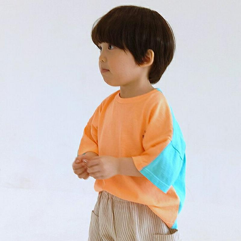 【新作10%OFF】レタリングスマイルバイカラーTシャツ・u02926 キッズ【3~8才】【tops】【トップス 七分丈 七分袖