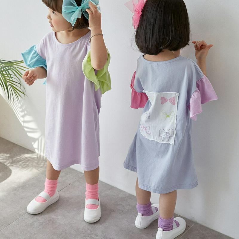 【新作10%OFF】リボンプリントパッチワンピース u02898 キッズ 【3~8才】【ops】【韓国 ファッション ワンピース