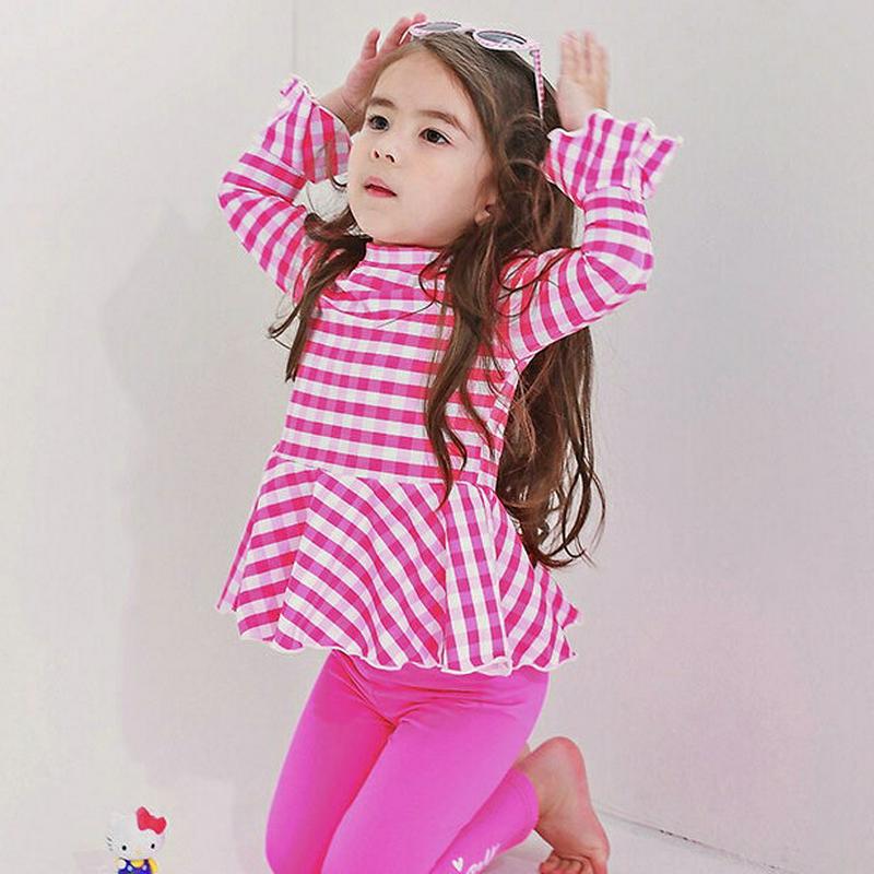 チェックフリルスイムTシャツ p003081 キッズ 【3~8才】【bw】【韓国 ファッション 水着 ラッシュガード スイムウェア 水遊び プール 海 日焼け防止 日除け 速乾 Tシャツ 長袖 フレア フリル 子供 子供服 小学生 ジュニア 夏】【KIDS】