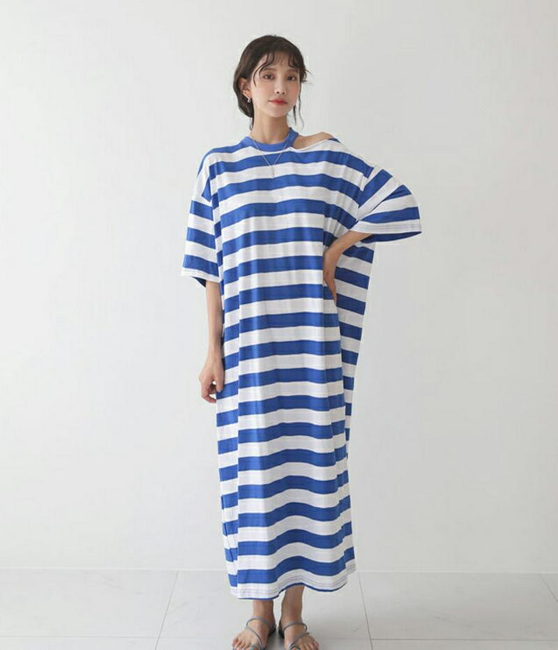 【新作10%OFF】ショルダーカットボーダーワンピース・全3色・55821 レディース【ops】【ワンピース ロング ロングワン