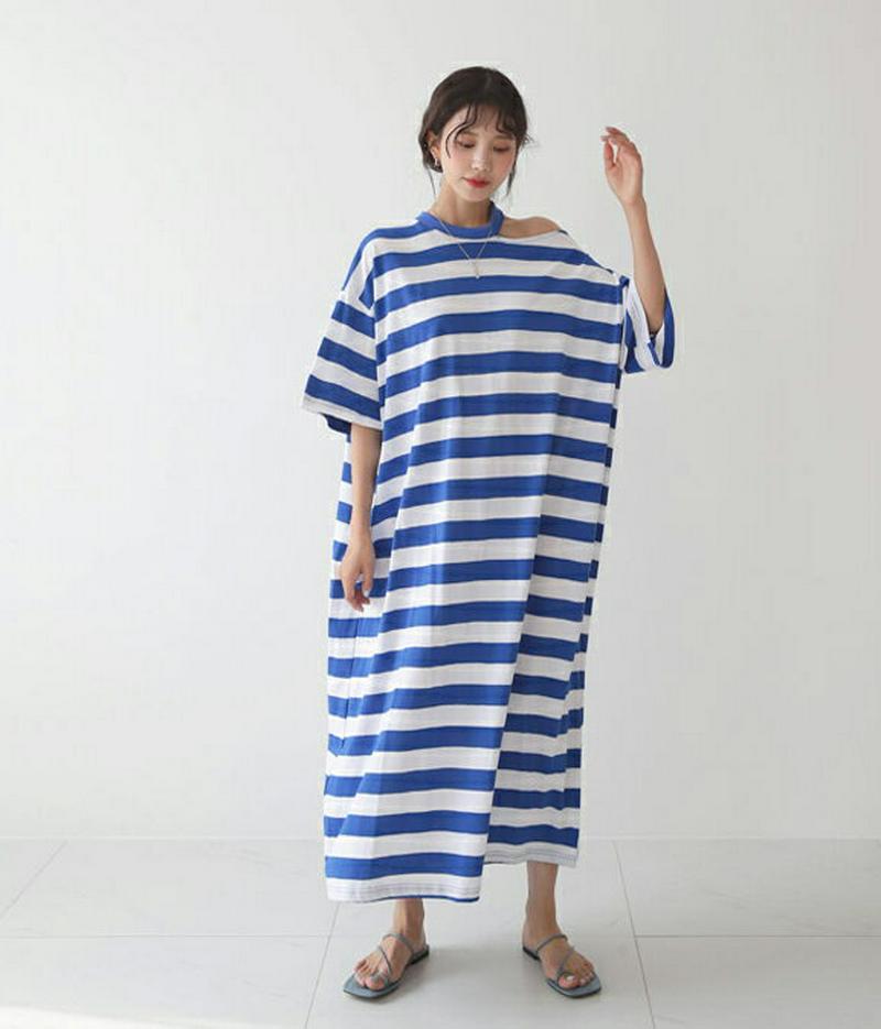 【新作10%OFF】ショルダーカットボーダーワンピース・全3色・55821 レディース【ops】【ワンピース ロング ロングワン