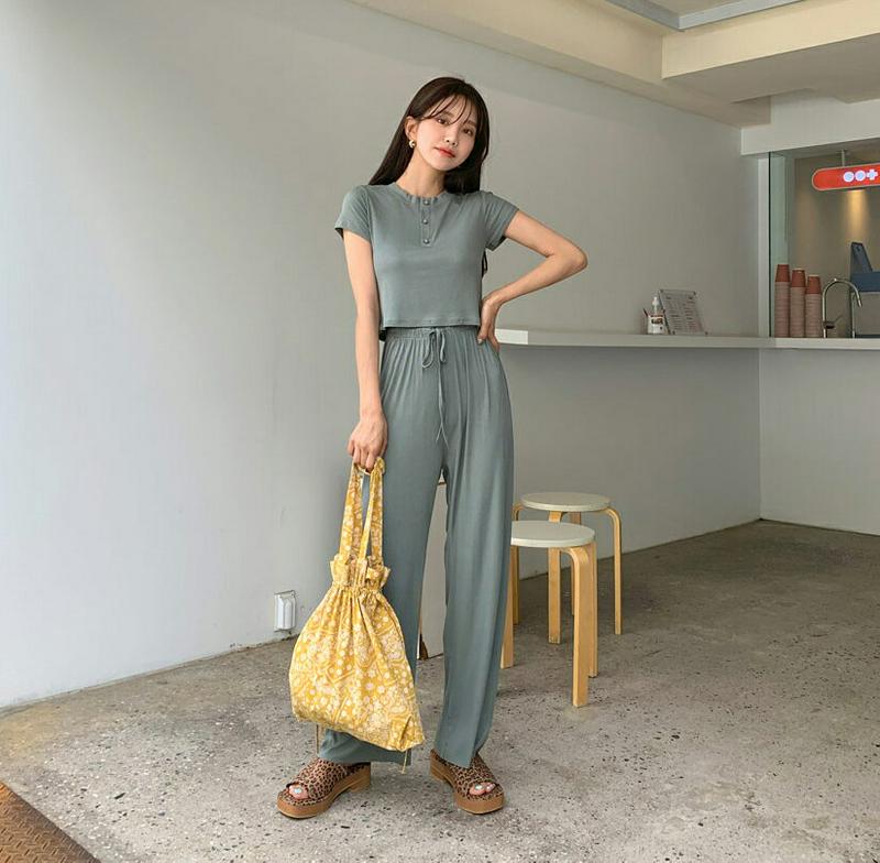 【新作10%OFF】ボタンリブTシャツ&パンツSET・全3色・t55817 レディース【pt】【セットアップ setup トップ