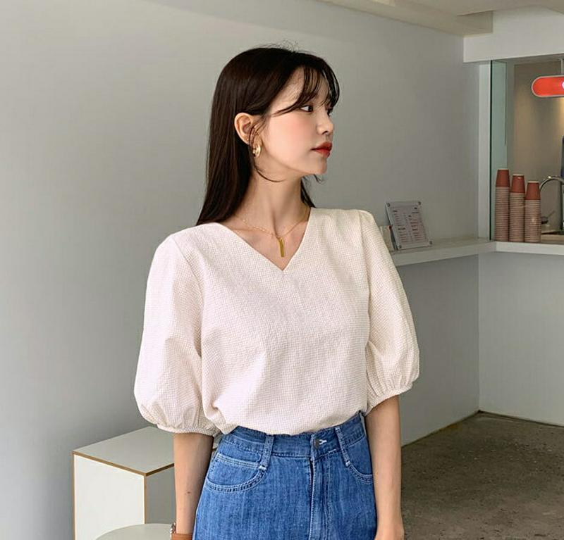 【新作10%OFF】Vネックチェックブラウス・全3色・b55812 レディース【bl】【トップス ブラウス 半袖　ハーフスリーブ
