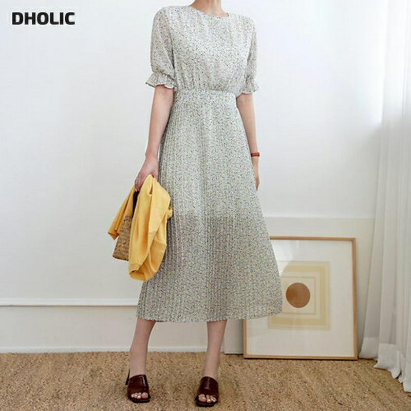 プリーツ小花柄ワンピース・全2色・t62548 レディース【ops】 韓国 ファッション ワンピース ロング ロングワンピース 半袖 ハーフスリーブ 花柄 小花柄 フラワー 可愛い かわいい プリーツ プリーツワンピース フェミニン 春 夏 ハイホリHIHOLLI