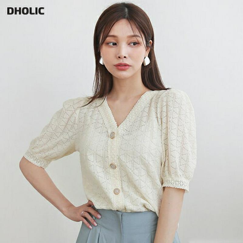 【新作10%OFF】レースラインVネックボタンブラウス・全3色・b62531 レディース【bl】【トップス ブラウス 半袖 ハー