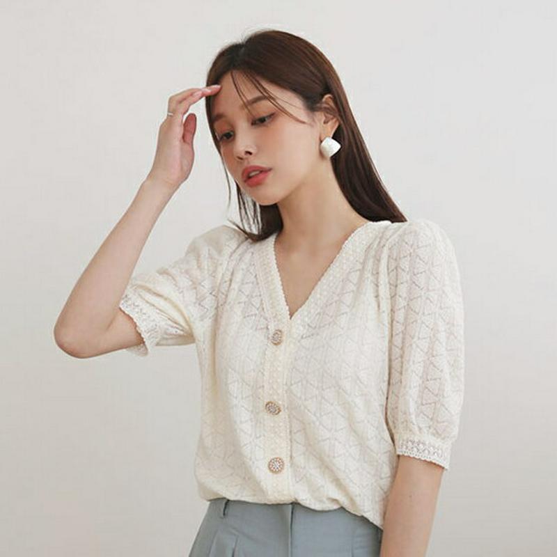 【新作10%OFF】レースラインVネックボタンブラウス・全3色・b62531 レディース【bl】【トップス ブラウス 半袖 ハー