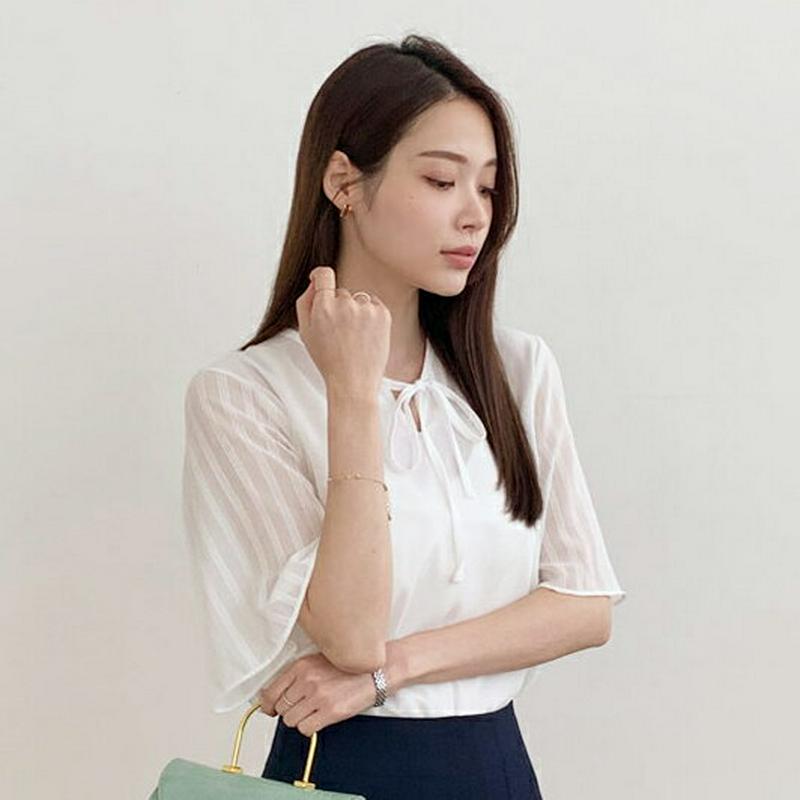 【新作10%OFF】リボンネックブラウス・全3色・b62530 レディース【bl】【トップス ブラウス 半袖 ハーフスリーブ 透