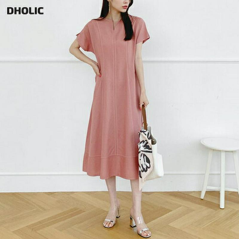 【新作10%OFF】ネックスリットステッチワンピース・全2色・b62546 レディース【ops】【ワンピース ミディ丈 ミディワ