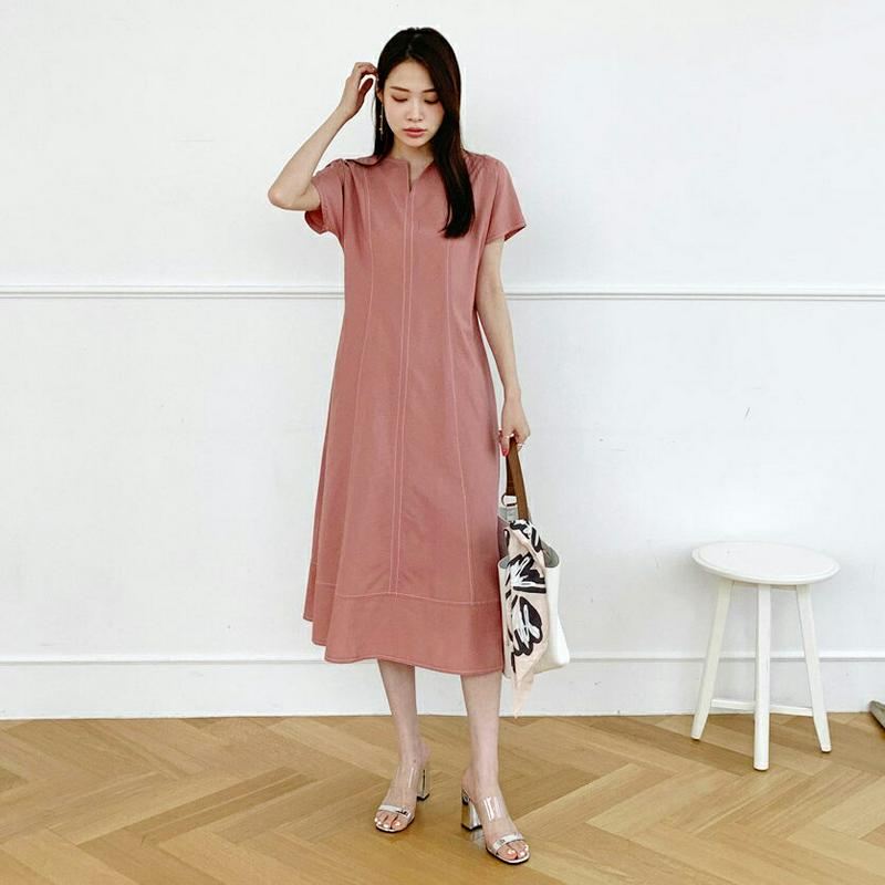 【新作10%OFF】ネックスリットステッチワンピース・全2色・b62546 レディース【ops】【ワンピース ミディ丈 ミディワ