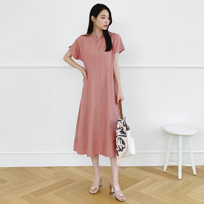 【新作10%OFF】ネックスリットステッチワンピース・全2色・b62546 レディース【ops】【ワンピース ミディ丈 ミディワ