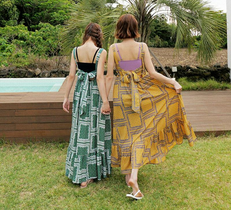 ペイズリーキャミワンピース・全3色・e44025 レディース【bw-2020】 韓国ファッション ops bw ワンピース ロング ロングワンピース キャミソール スリーブレス ノースリーブ ペイズリー 黄色 バンダナ柄 カジュアル ラフ リゾート 春 夏