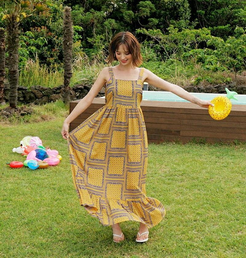 ペイズリーキャミワンピース・全3色・e44025 レディース【bw-2020】 韓国ファッション ops bw ワンピース ロング ロングワンピース キャミソール スリーブレス ノースリーブ ペイズリー 黄色 バンダナ柄 カジュアル ラフ リゾート 春 夏