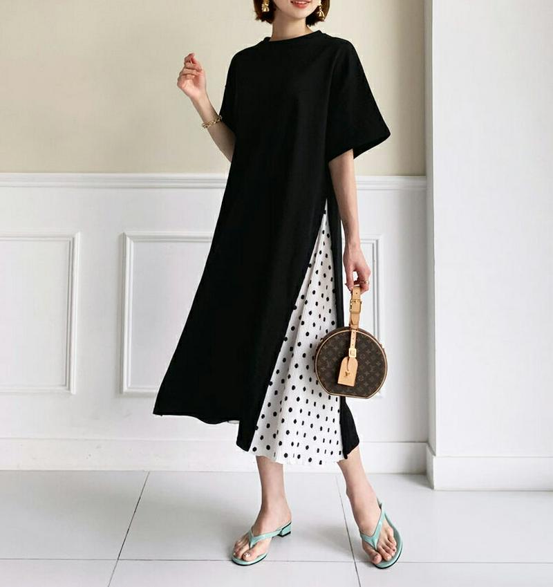 サイドドットプリーツワンピース・全2色・b56256 レディース【ops】【ワンピース ロング ロングワンピース 半袖 ハーフス