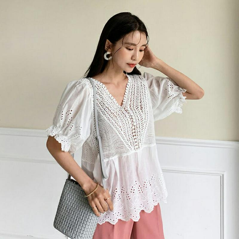 アイレットレースブラウス・全2色・b56248 レディース【tops】【トップス ブラウス 半袖 ハーフスリーブ アイレットレー