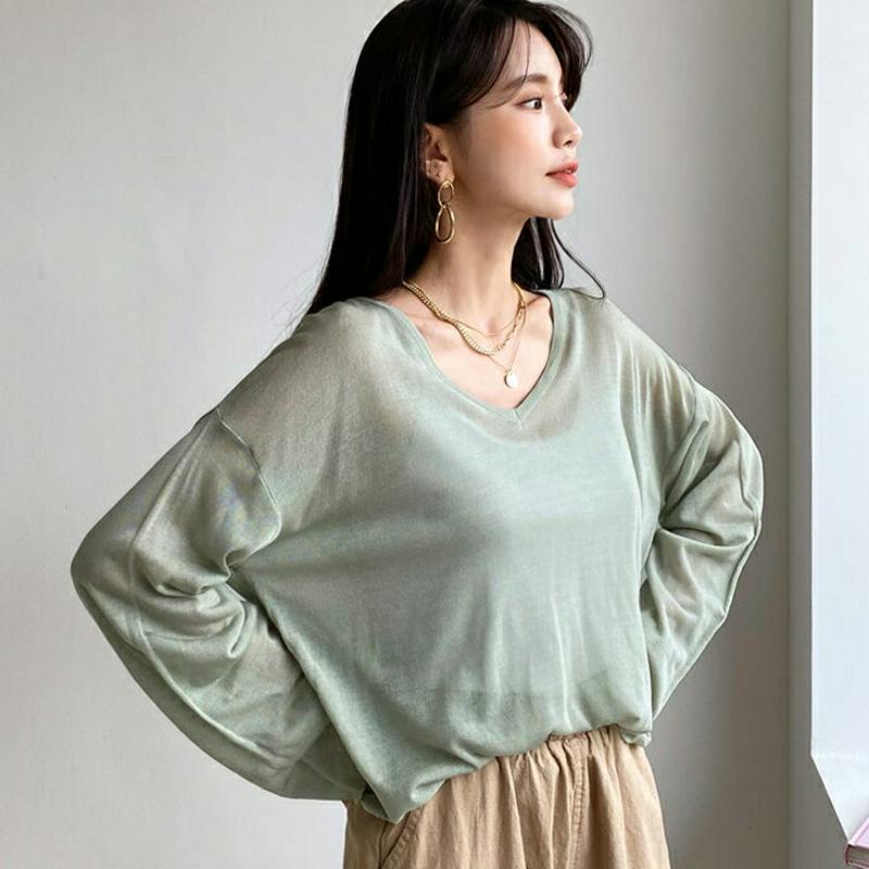 Vネックシアールーズニット・全6色・t56244 レディース【tops】【トップス ニット ニットトップス 長袖 透け感 シース