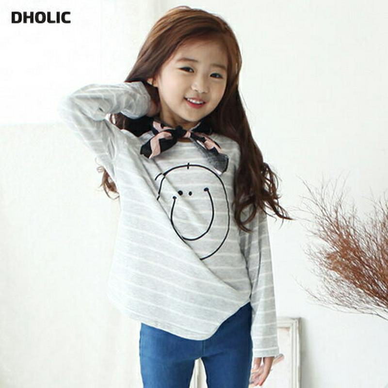スマイルボーダーTシャツ p002675 キッズ 【3~8才】【tops】【韓国 ファッション トップス Tシャツ カットソー 長袖 ラウンドネック ルーズ ゆったり ロゴ ボーダー ロング ロンT 女の子 子供 子供服 小学生 ジュニア 春 秋】【KIDS】