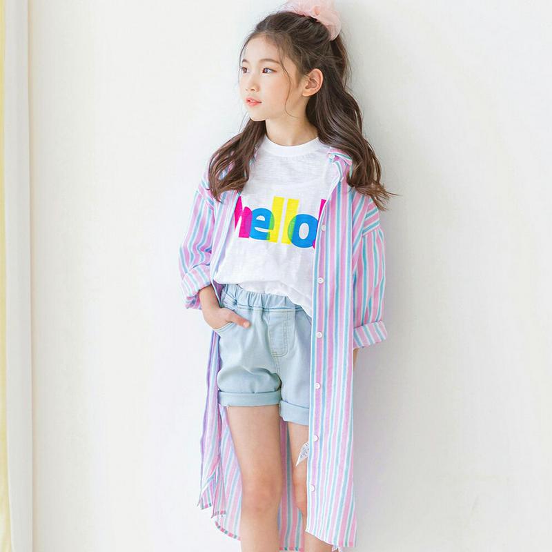 配色ストライプロングシャツ p002499 キッズ 【3~8才】【ops】【韓国 ファッション トップス シャツ ロング ワンピ