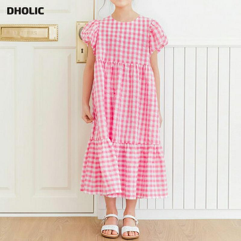 パフスリーブチェックロングワンピース p002506 キッズ 【3~8才】【ops】【韓国 ファッション ワンピース ロング マ