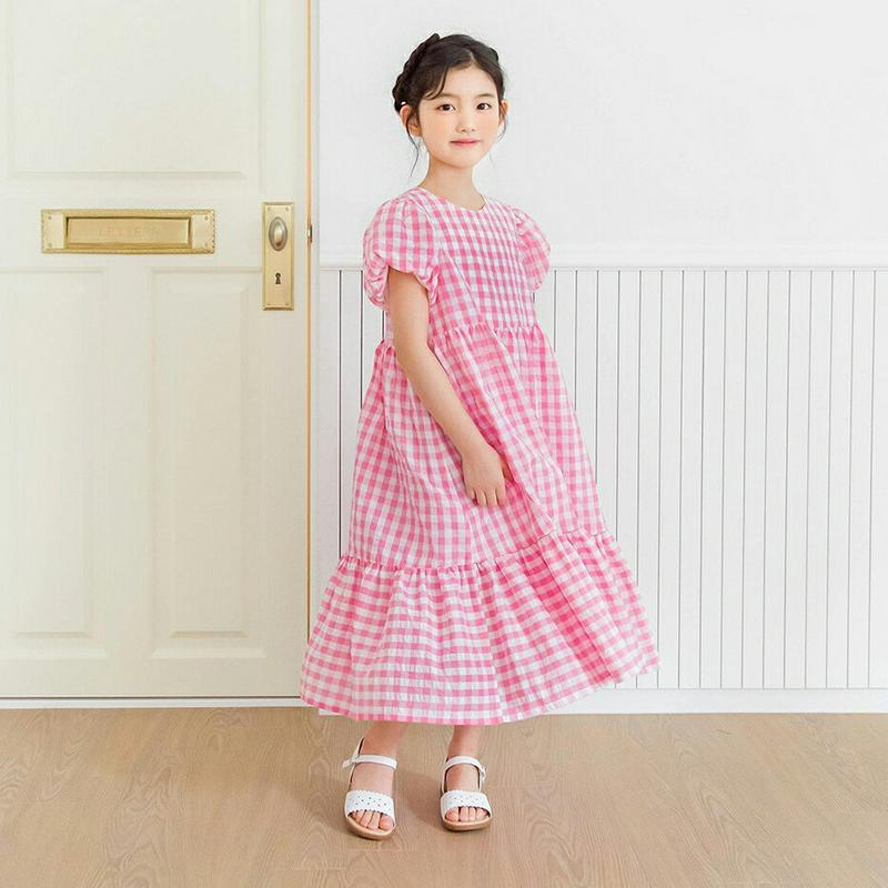パフスリーブチェックロングワンピース p002506 キッズ 【3~8才】【ops】【韓国 ファッション ワンピース ロング マ