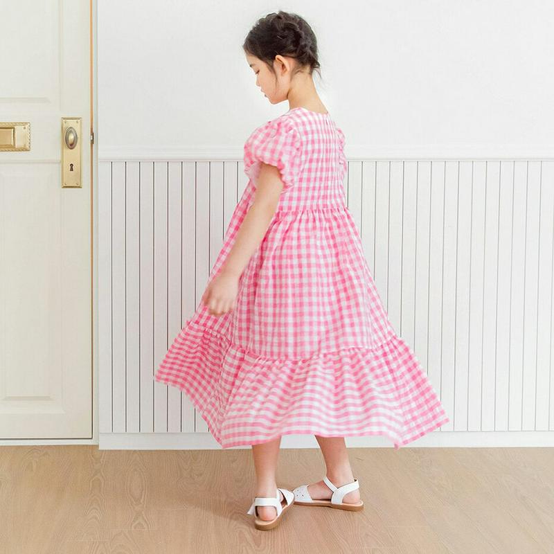 パフスリーブチェックロングワンピース p002506 キッズ 【3~8才】【ops】【韓国 ファッション ワンピース ロング マ