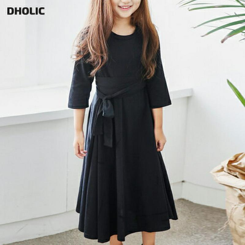 ウエストストラップAラインワンピース p002597 キッズ 【3~8才】【ops】【韓国 ファッション ワンピース ロング マキシ フレア Aライン ラウンドネック 七分袖 七分 無地 女の子 子供 子供服 小学生 ジュニア 春 秋】【KIDS】