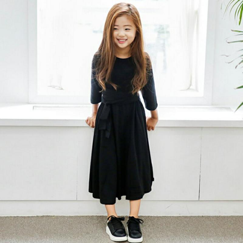 ウエストストラップAラインワンピース p002597 キッズ 【3~8才】【ops】【韓国 ファッション ワンピース ロング マキシ フレア Aライン ラウンドネック 七分袖 七分 無地 女の子 子供 子供服 小学生 ジュニア 春 秋】【KIDS】