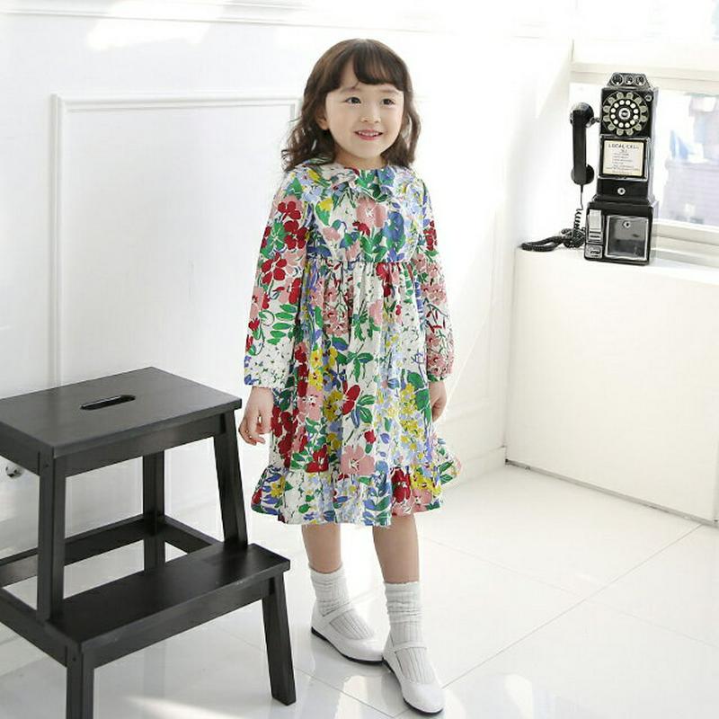 ラッフルカラーフローラルワンピース p002584 キッズ 【3~8才】【ops】【韓国 ファッション ワンピース ロング 膝下 ラウンドネック 長袖 フレア Aライン 花柄 ボタニカル 女の子 子供 子供服 小学生 ジュニア 春 秋】【KIDS】